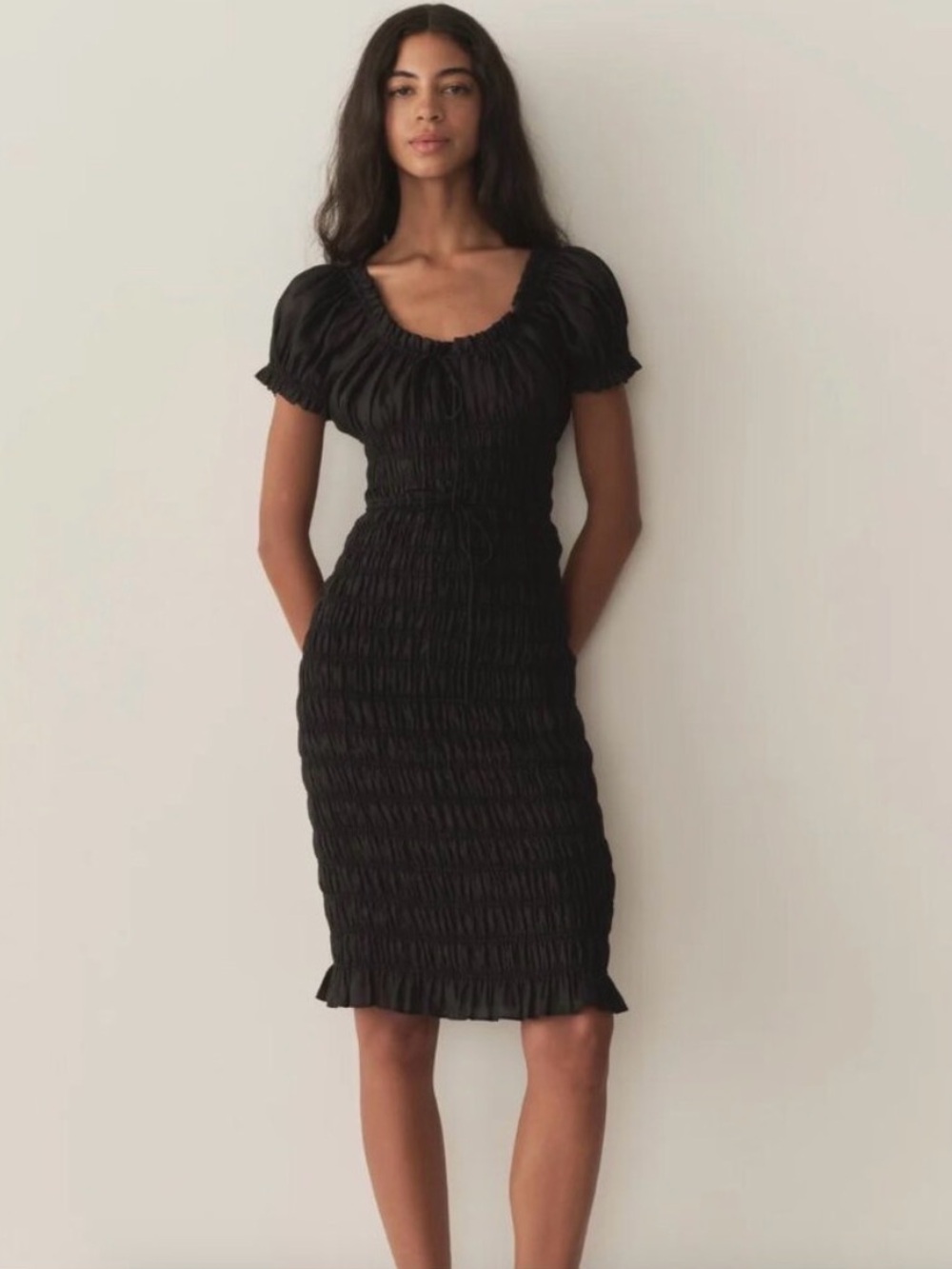 Doen Rosalynn Dress NWT Black Smocked Ramie Puff Sleeve Knee Length Dress Small